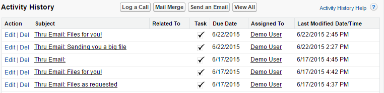 thru's salesforce connector activity history log