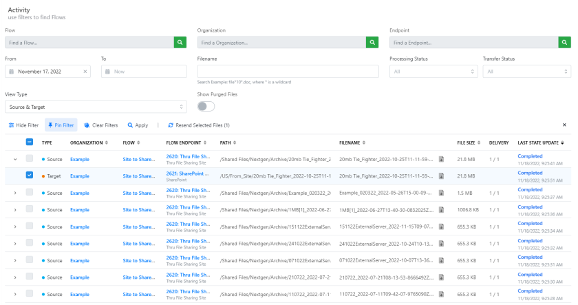 Thru's audit logging table viewable in Activity page