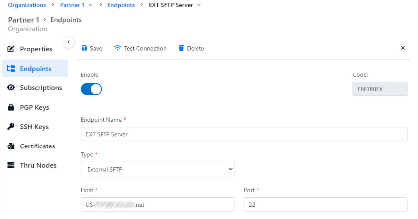 screenshot of the Endpoints View where configuration of the endpoint takes place in the Thru Portal