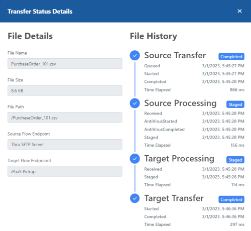 screenshot of the Transfer Status Details popup in the Thru Portal