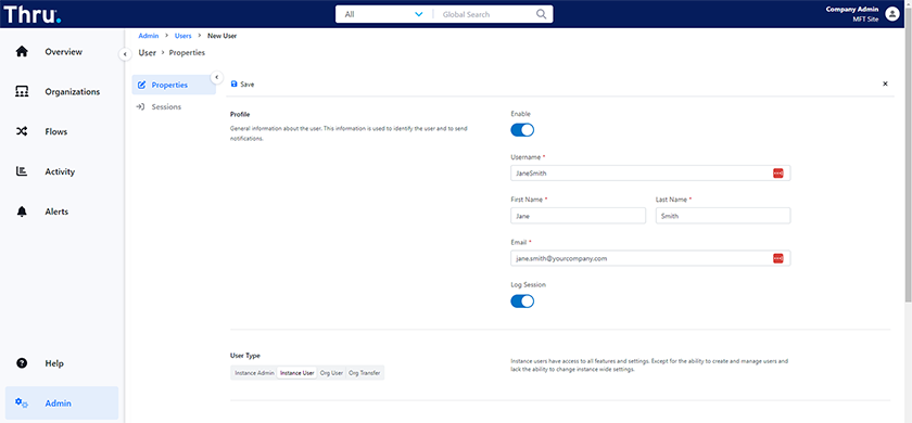 screenshot of adding a user to a thru portal for automated file transfer