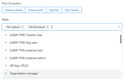 cropped screenshot showing portion of available roles in dropdown with file upload and file download