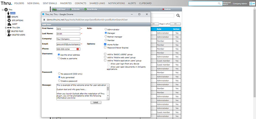 screenshot of adding a user to a thru portal for file sharing