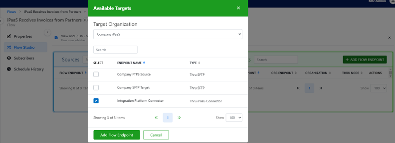 screenshot shows available endpoints of the organization, including Thru iPaaS connector, that can be added as the target flow endpoint