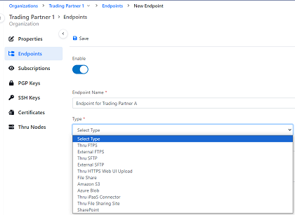 screenshot of Thru user interface where endpoint type is selected to use in file transfer