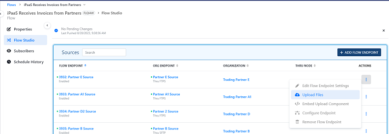 screenshot of actions dropdown menu to easily upload a test file to the source to see if flow transfers file correctly