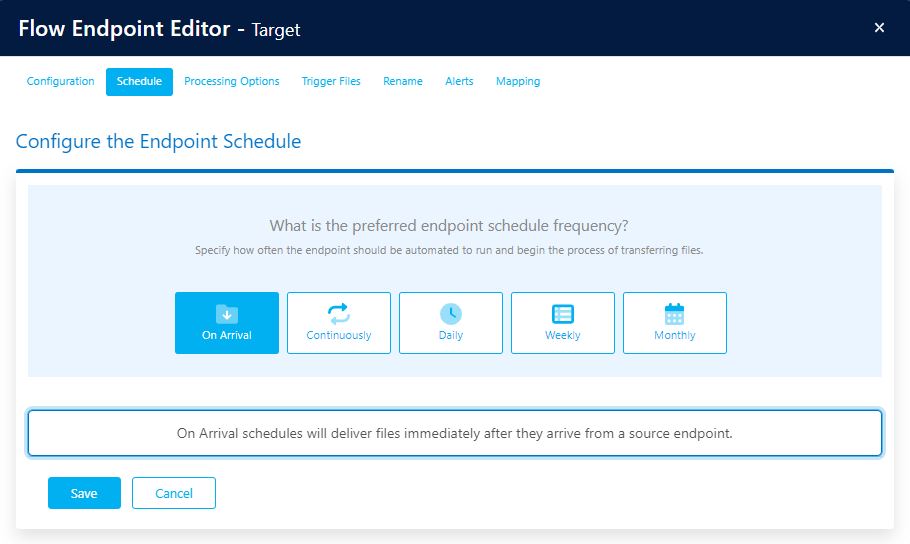 Screen shot showing available frequency options of scheduled file transfers on target endpoint: on arrival, continuously, daily, weekly and monthly