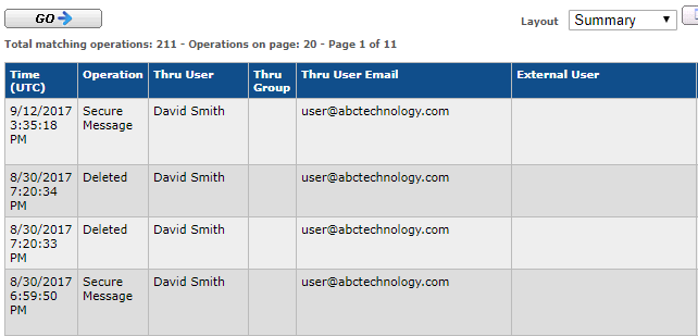 Thru's audit logging view table with user activity time stamps