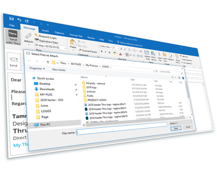 Selecting files to attach to Outlook email with Thru
