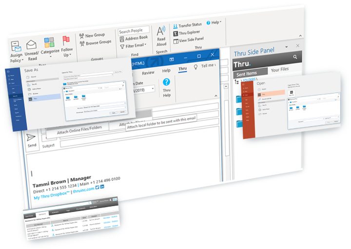 Mockup screenshot showing the ability to attach and save files in Microsoft Outlook and Microsoft 365