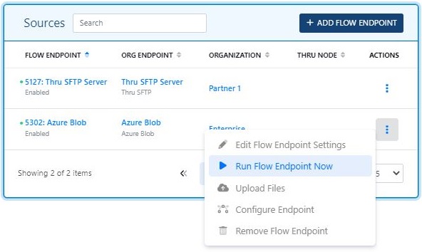screenshot of selecting to Run Flow Endpoint Now file transfer scheduling option using API calls