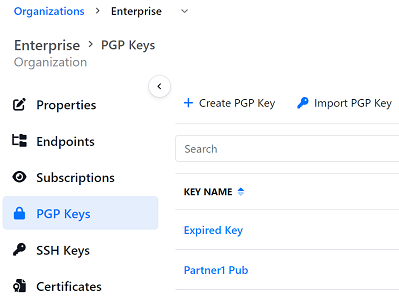 screenshot showing navigation submenu of Thru's automated file transfer portal that includes PGP keys, SSH keys and certificates